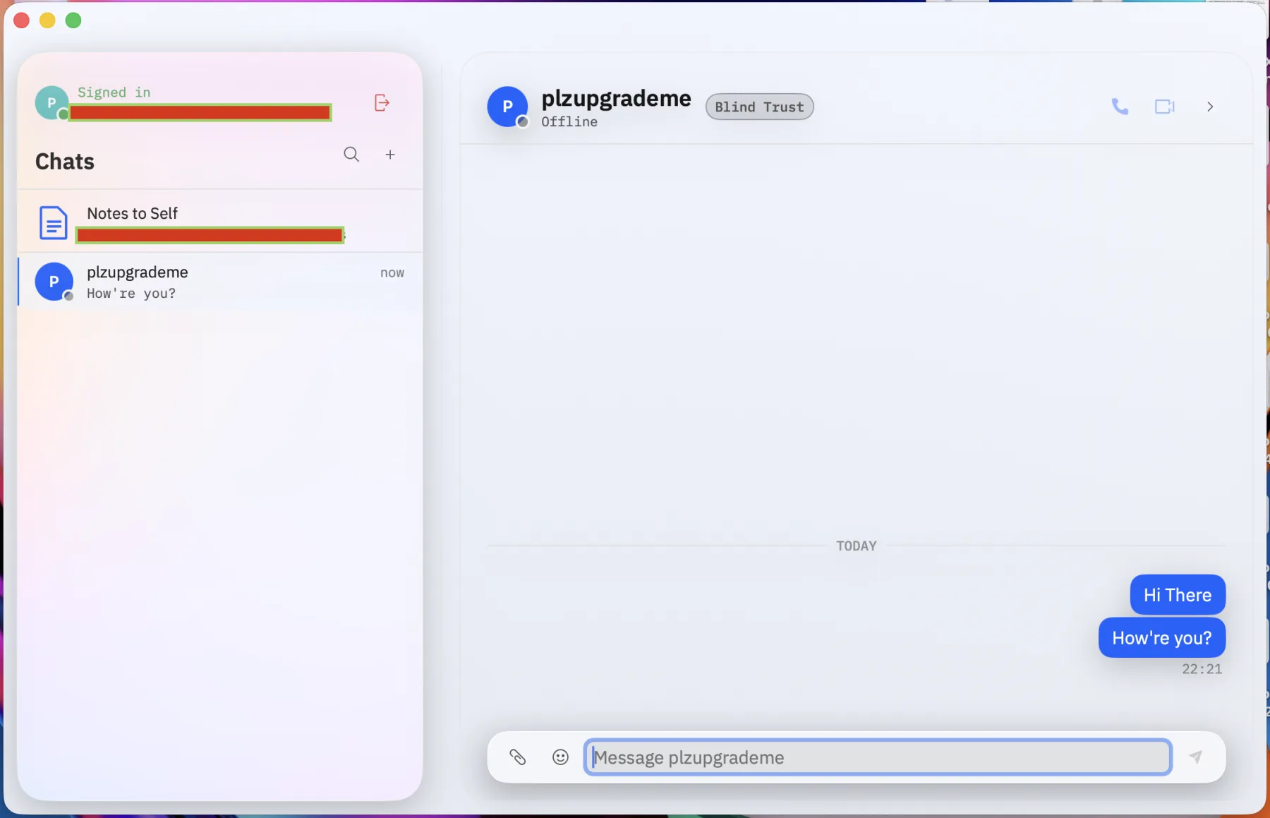A one-to-one Mach conversation with sent messages and a Blind Trust badge